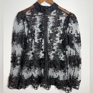 Beautiful Romantic Black Floral Lace Peplum Long Sleeve Blouse With Mock Neck